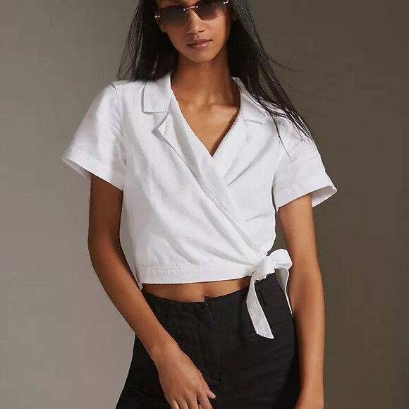 Anthropologie Cloth & Stone Wrap-Front White LinenCrop Top Small - Picture 1 of 8